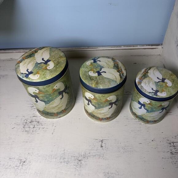 Vintage Blue Bow Nesting Goose Canisters Tins 80s Country Farmhouse - Picture 2 of 5